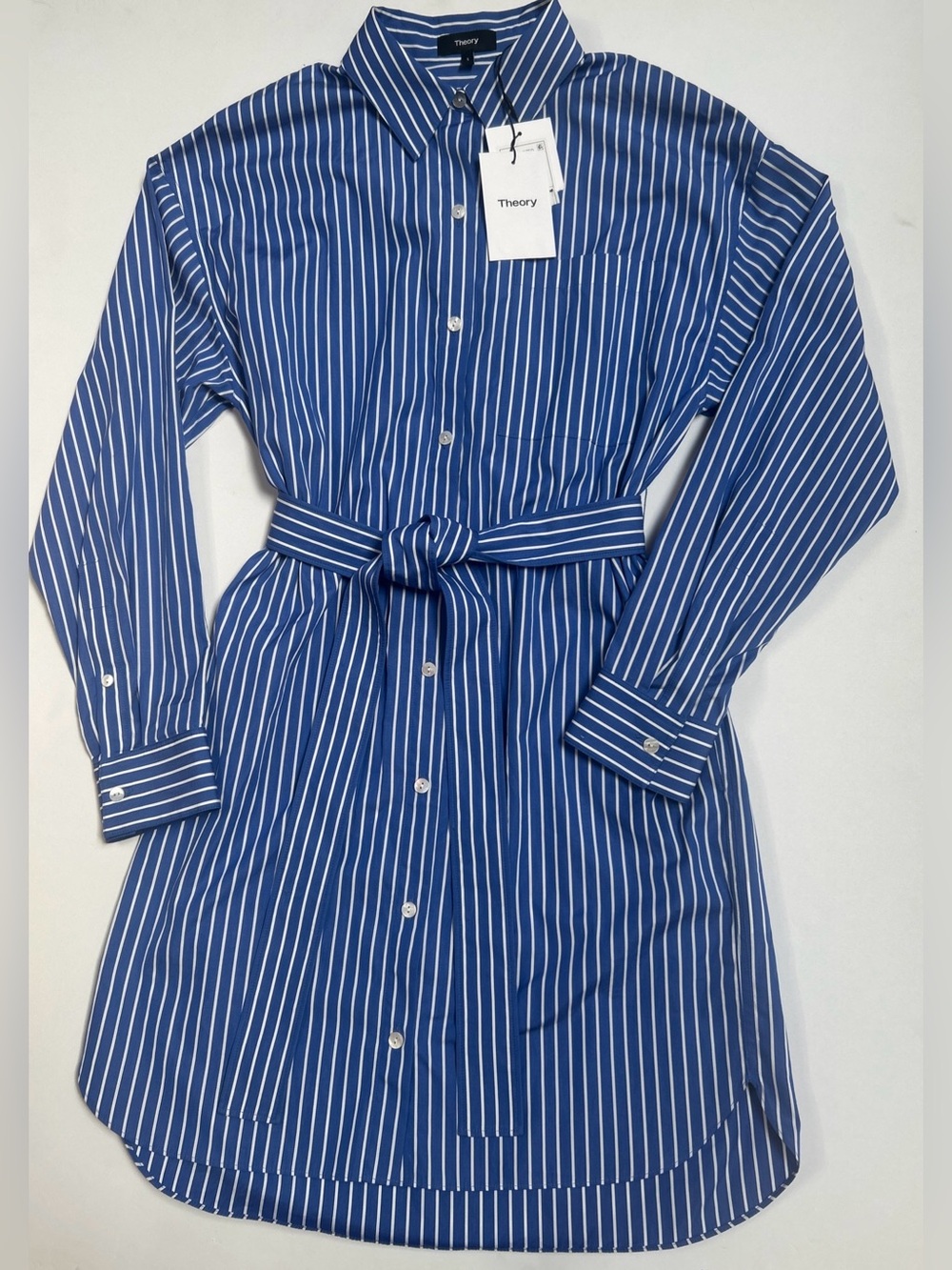 Theory Women’s Blue Striped Cotton Collared Long Sleeves Shirt Dress Size Small